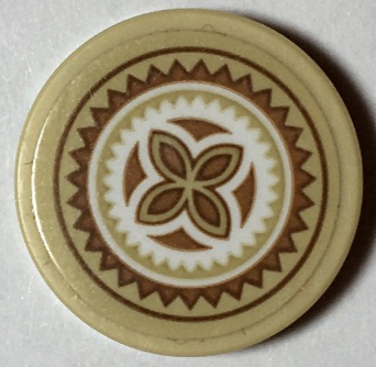 Lego Tile, Round 2 x 2 with Bottom Stud Holder with Medium Nougat, Tan and White Polynesian Tribal Pattern (Sticker) - Set 41149 / Tan