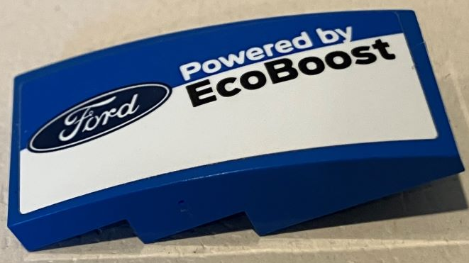 Lego Slope, Curved 4 x 2 with Ford Logo and 'Powered by EcoBoost' on White Stripe Pattern Model Left Side (Sticker) - Set 75881