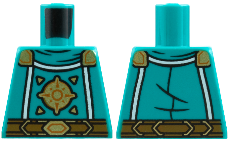 Lego Torso Robe with White Trim, Black Folds, Medium Brown Belt, Gold and Dark Orange Buckle, Shoulder Pads and Ornament Pattern / Dark Turquoise