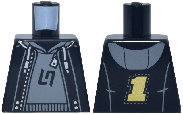 Lego Torso Jacket Open with Silver Zipper and Gold Number 1 over Dark Bluish Gray Hoodie with LN Racing Kart Logo Pattern / Black