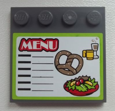Lego Tile, Modified 4 x 4 with Studs on Edge with 'MENU', Cups, Pretzel, and Salad Pattern (Sticker) - Set 60026