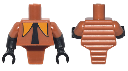 Lego Torso, Modified Short with Ridged Armor with Long Orange Collar, Black Tie Pattern / Black Arms with Molded Dark Orange Short Sleeves Pattern / Black Hands