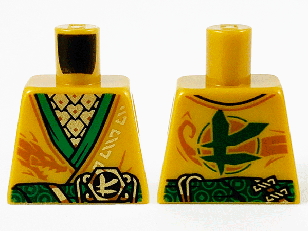 Lego Torso Tunic with Green Hems and Sash, Gold Scale Armor, Dark Orange Dragon and Gold Ninjago Logogram Letter L Pattern / Pearl Gold