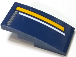 Lego Slope, Curved 4 x 2 with Vents and Orange and White Stripes Pattern Model Left Side (Sticker) - Set 60151 / Dark Blue