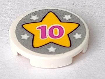 Lego Tile, Round 2 x 2 with Bottom Stud Holder with Pink '10', Yellow Star and Five White Stars on Silver Background Pattern (Sticker) - Set 41300