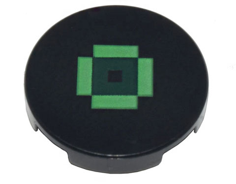 Lego Tile, Round 2 x 2 with Bottom Stud Holder with Pixelated Bright Green Rectangles and Dark Green Square Pattern (Minecraft Music Disc / Record)