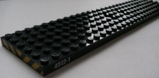 Lego Train Base 6 x 28 with 3 Round Holes Each End and 1 x 2 Cutouts with Black / Yellow Danger Stripes (Back/Front) and '4512-1' (Both Sides) Pattern (Stickers) - Set 4512 / Black