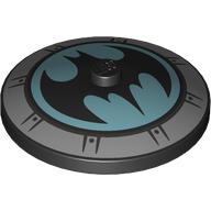 Lego Dish 4 x 4 Inverted [Radar] with Silver Hub Cap, Batman Symbol on Medium Azure Background Print / Black