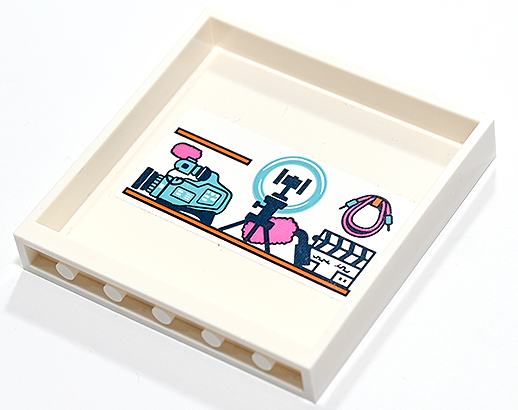 Lego Panel 1 x 6 x 5 with Orange Shelves with Medium Azure Video Camera, Dark Blue Tripod, Clapperboard, Dark Pink Wires and Microphone Pattern (Sticker) - Set 41731 / White