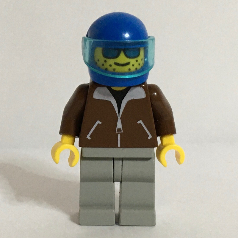 Lego Man, Brown Jacket, Light Gray Legs, Blue Helmet with Visor, Blue Visor