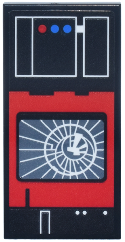 Lego Tile 2 x 4 with Red Control Panel, Blue and White Lights and Buttons, Dark Bluish Gray Screen with Radiating Lines Pattern (Sticker) - Set 75419 / Black