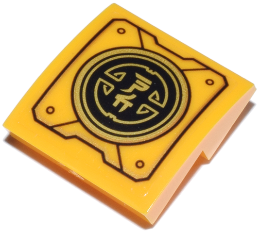 Lego Slope, Curved 2 x 2 x 2/3 Inverted with Mechanical Panel with Ninjago Logogram Letter N and C on Black and Gold Circle Pattern (Sticker) - Set 71837 / Bright Light Orange