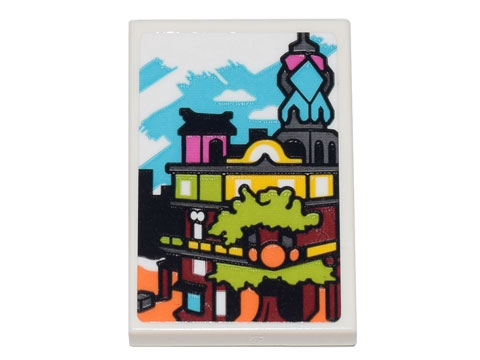 Lego Tile 2 x 3 with Ninjago City Gardens Model Pattern (Sticker) - Set 71741 / White