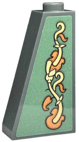 Lego Slope 75 2 x 1 x 3 - Hollow Stud with Wallpaper, Orange and Tan Vines and Leaves on Sand Green Background Pattern (Sticker) - Set 40579 / Dark Bluish Gray
