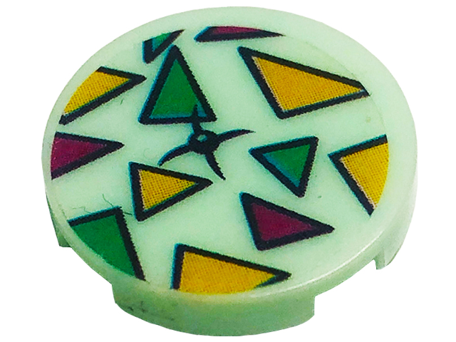 Lego Tile, Round 2 x 2 with Bottom Stud Holder with Cushion with Dark Turquoise, Magenta, and Bright Light Orange Triangles Pattern (Sticker) - Set 41344