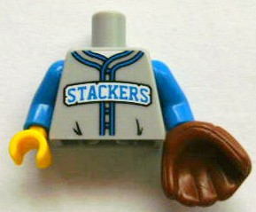 Lego Torso Baseball Jersey with Blue Trim and 'STACKERS' Logo Pattern / Blue Arms / Yellow Hand Right / Reddish Brown Baseball Glove Left