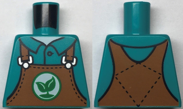 Lego Torso Dark Orange Overalls with Green Sprout with 2 Leaves on White Circle Pattern / Dark Turquoise