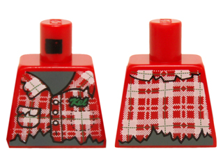 Lego Torso Plaid Shirt Ripped with Buttons and 'Kel' on Chest, Dark Bluish Gray Skin Pattern / Red