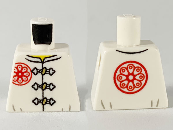 Lego Torso Gi with 3 Gold Frog Clasps, Red Flower Symbol on Lapel and Back Pattern / White