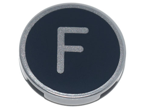 Lego Tile, Round 2 x 2 with Bottom Stud Holder with Silver Capital Letter F on Black Background Pattern