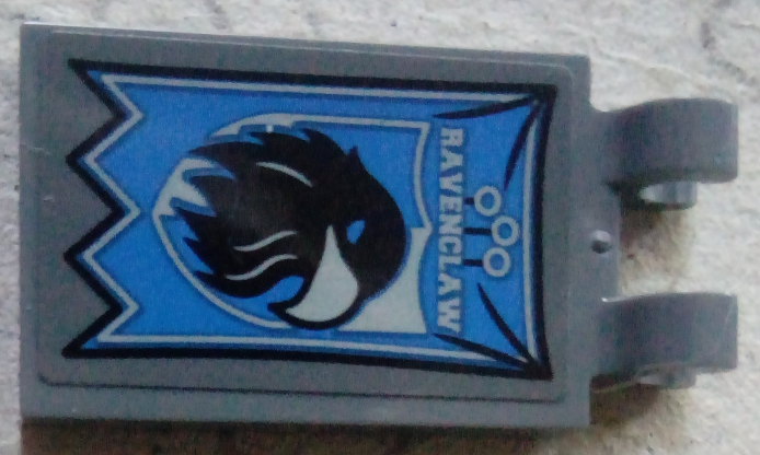 Lego Tile, Modified 2 x 3 with 2 Clips with 'RAVENCLAW' and Bird Banner Pattern (Sticker) - Set 75956 / Dark Bluish Gray