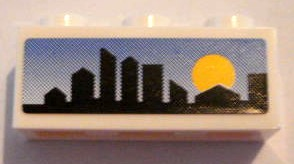 Lego Brick 1 x 3 with Skyline and Sunset on Blue Background Pattern (Sticker) - Set 8404 / White