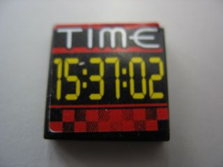 Lego Tile 2 x 2 with White 'TIME' and Yellow '15:37:02' Pattern (Sticker) - Set 8279