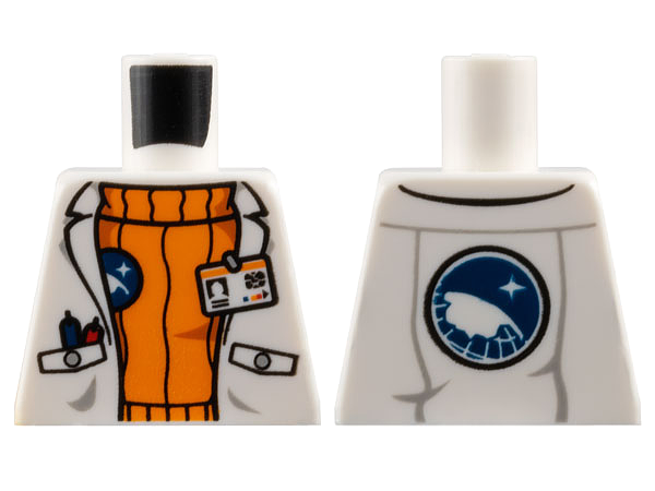 Lego Torso Lab Coat with Pockets and ID Badge over Orange Sweater, Arctic Explorer Logo on Reverse Pattern / White