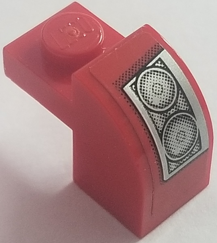 Lego Slope, Curved 2 x 1 x 1 1/3 with Recessed Stud with Silver Headlight on Red Background Pattern Model Right Side (Sticker) - Set 8185