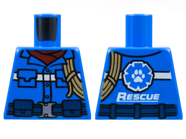 Lego Torso Button Up Shirt, Dark Red Scarf, White Stripe, Dark Tan Rope, Dark Blue Belt, 'RESCUE' on Back Pattern / Blue
