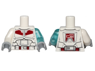 Lego Torso SW Armor Black Belt and Dark Red Markings Pattern / Trans-Light Blue Arm Left with Lightning Bolts / White Arm Right / Light Bluish Gray Hands