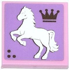 Lego Tile 2 x 2 with Crown and White Rearing Horse Facing Left Pattern (Sticker) - Set 3185 / Bright Pink