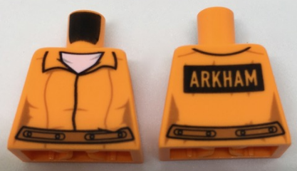Lego Torso Female Prisoner Jumpsuit over White Shirt, Dark Orange Belt, Black Rectangle with 'ARKHAM' on Back Pattern / Orange