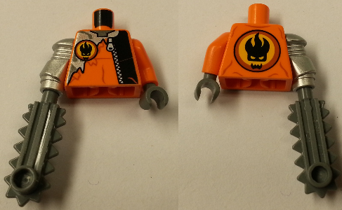 Lego Torso Agents Villain with Zipper and Silver Inset Pattern / Orange Arm and Dark Bluish Gray Hand Left / Metallic Silver Mech Arm and Dark Bluish Gray Chainsaw Right