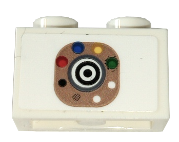 Lego Brick 1 x 2 with Black, White and Dark Bluish Gray Concentric Circles and Red, Blue, Yellow and Green Dots on Dark Tan Background Pattern (Sticker) - Set 42158 / White
