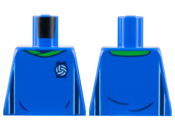 Lego Torso Soccer Uniform, Bright Green Collar, White and Dark Blue Side Stripes, Soccer Ball on Brick Logo Pattern / Blue
