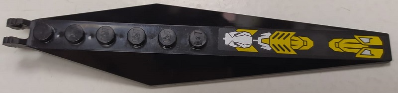 Lego Hinge Plate 3 x 12 with Angled Side Extensions and Tapered Ends with Silver Robot Head and Yellow Armor Panels Pattern (Sticker) - Set 8117 / Black