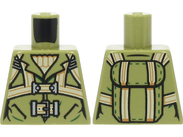 Lego Torso Aviator Flight Suit Jacket with Pockets over Tan Sweater, Harness Straps and Belt with Silver Buckles, Parachute Pack on Back Pattern / Olive Green