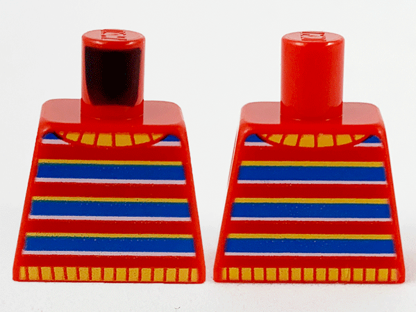 Lego Torso Sweater, Bright Light Orange Collar, Yellow, Blue and White Stripes Pattern / Red