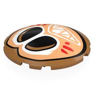 Lego Brick Round Curved 6 x 6 x 1 with Tan Kakamora Face, White Eyes, Mouth, Red Markings Print