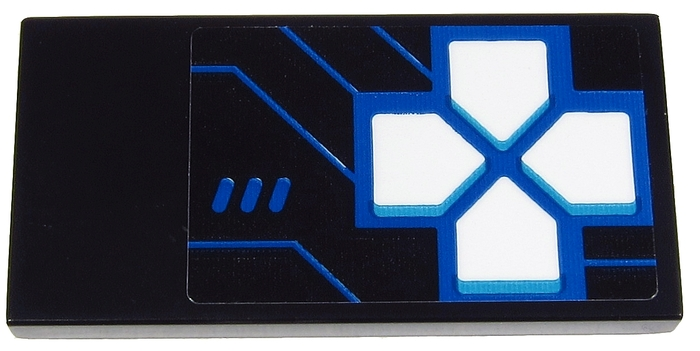Lego Tile 2 x 4 with Blue Game Controls with 4 White Arrow Buttons (Joystick) and Blue Lines on Black Background Pattern (Sticker) - Set 71711 / Black