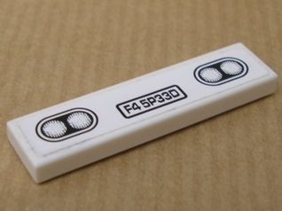 Lego Tile 1 x 4 with 'F4 5P33D' and Headlights Pattern (Sticker) - Set 8147 / White