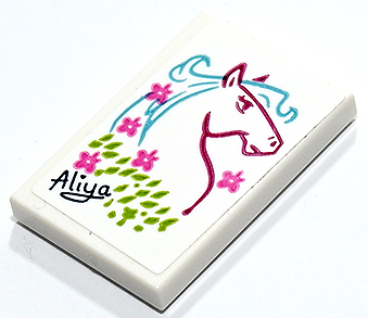 Lego Tile 2 x 3 with Drawing of Medium Azure and Dark Red Horse with Dark Pink Flowers and 'Aliya' Signature Pattern (Sticker) - Set 41731 / White