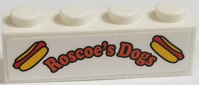 Lego Brick 1 x 4 with Hot Dogs and 'Roscoe's Dogs' Pattern (Sticker) - Set 75883 / White