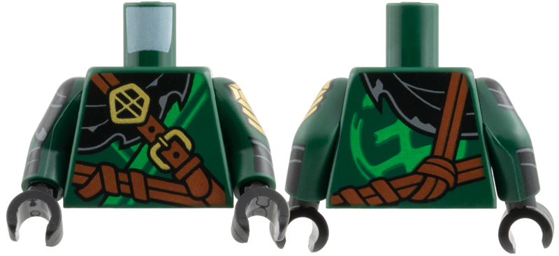 Lego Torso Tunic, Bright Green Hem, Black Scarf, Reddish Brown Belts, Gold Buckle and Ornament Pattern / Dark Green Arms with Black Wrappings, Gold Armor Pattern / Black Hands