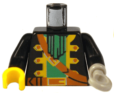 Lego Torso Pirate Captain Jacket Open with Yellow Trim over Green Shirt with Neck Ruffle, Brown Strap, Belt with Buckle Pattern / Black Arms / Light Gray Hook Left / Yellow Hand Right