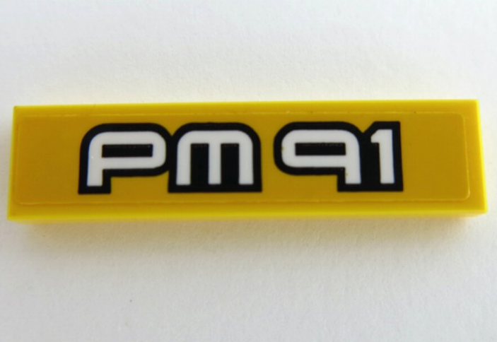 Lego Tile 1 x 4 with Black and White 'PM 91' Pattern (Sticker) - Set 42049 / Yellow