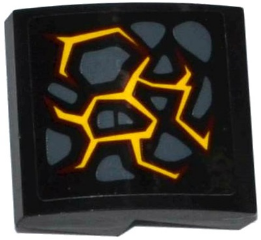 Lego Slope, Curved 2 x 2 x 2/3 with Dark Bluish Gray Stones and Dark Red and Bright Light Orange Cracks Pattern Model Right Side (Sticker) - Set 70316 / Black