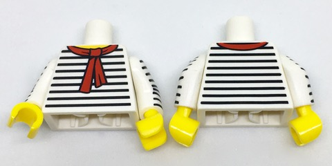 Lego Torso Black Thin Stripes, Red Scarf Front and Back Pattern / White Arms with Black Thin Stripes Pattern / Yellow Hands