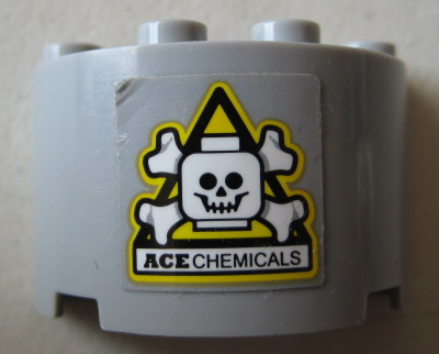 Lego Cylinder Half 2 x 4 x 2 with 1 x 2 Cutout with Skull and Crossbones Danger Sign and Black 'ACE CHEMICALS' Pattern (Sticker) - Set 70914